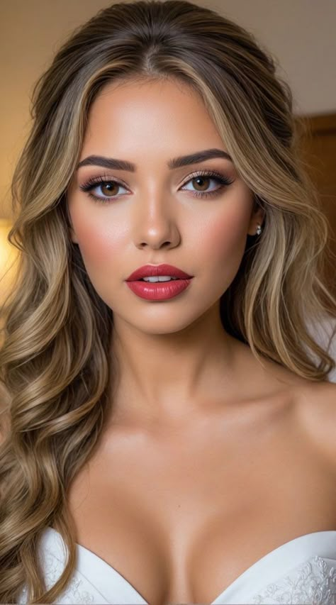 Bridal Makeup Neutral Glam, Glam Bridal Makeup Red Lips, Makeup For Boudiour, Glam Bridal Makeup Looks, Bridal Makeup Bold Lip, Neutral Glam Makeup, Bridal Makeup Red Lips, Bridal Makeup Ideas, Gorgeous Wedding Makeup