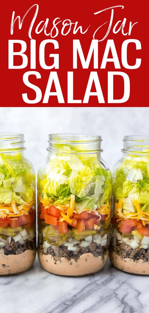 Meal Prep Low Carb Breakfast, Big Mac Salad In A Jar, Salads In Mason Jars Meal Prep, Meal Prep In Jars, Big Mac Mason Jar Salad, Salad In Jars, Salad In Jar Recipes, Salad Jar Ideas, Low Carb Big Mac Salad