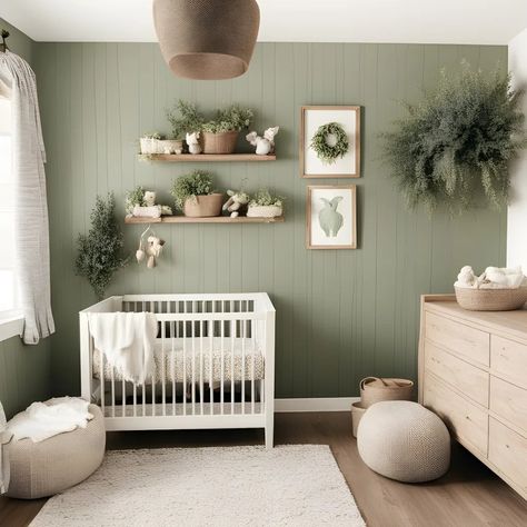 Light Green Nursery Ideas, Green Painted Nursery, Nursery Ideas Green Accent Wall, Wood And Green Nursery, Muted Blue Nursery, Sage Green Accent Wall Nursery, Green Boy Nursery Ideas, Sage Green Nursery Paint Colors, Light Green Nursery Girl