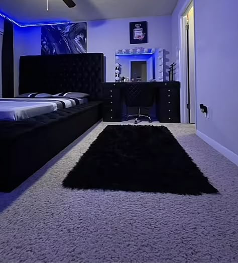 Aesthetic Room Inspo For Guys, Cute Dark Living Room Ideas, Black Teenage Room Ideas, Modern Room Ideas Bedroom Black, Closet Streaming Setup, Black And Bedroom Ideas, Black N White Room Ideas, Black And Silver Bedroom Ideas Decor, Black Room Design Bedroom Ideas