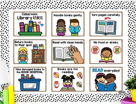 How to Organize Your Classroom Library and Keep it That Way! - Clearly Primary Library Preschool Activities, Classroom Library Expectations Anchor Chart, Preschool Library Decor, Library Rules For Kids, Reading Corner Rules, Library Corner Classroom, How To Display Books, School Library Rules, Preschool Library Center