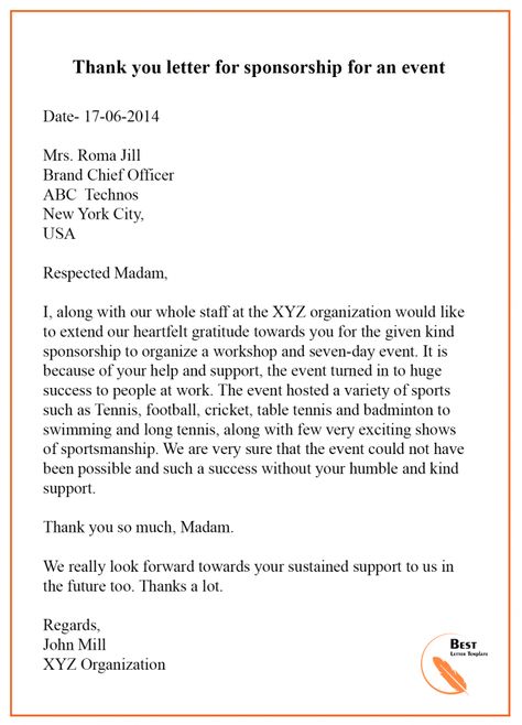 Thank You Letter For Sponsorship Of Event Check more at https://gotilo.org/letters/thank-you-letters/thank-you-letter-for-sponsorship-of-event/ Thank You Letter Examples, Scholarship Thank You Letter, Thank You Letter Sample, Donation Request Letters, Thank You Sponsors, Sponsorship Letter, Thank You Letter Template, Preschool Lesson Plan Template, Resignation Template