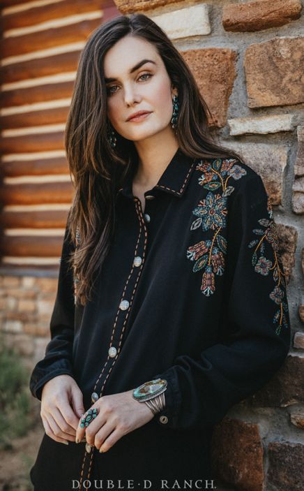 Double-D Ranch: Blue Loon tunic, embroidered and beaded 95% polyester/5% spandex (US $265, autumn 2021) Ranch Wear, Casual Indian Fashion, Beaded Blouse, Rice Bead, Elegant Blouses, Embroidered Tunic, Embroidery Blouse, Comfort Wear, Blouse Online