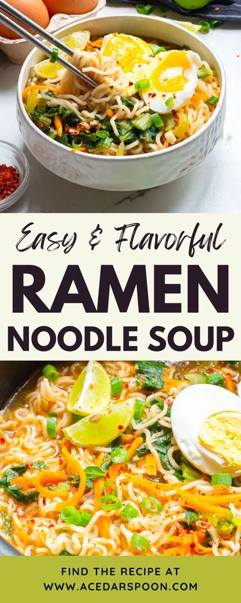 Take your taste buds on a journey with this delicious ramen noodle soup. Made with a base of vegetable or chicken broth, vegetables and ramen noodles, it's the perfect comfort food. The boiled egg, green onion and red chili flakes add an extra layer of flavor while the lime wedge brings out a zesty freshness that will have you coming back for more! Make this easy and flavorful soup tonight! Ramen Soup Base, Ramen Noodle Recipes Soup, Best Ramen Noodles, Ramen Noodle Recipes Easy, Ramen Soup Recipes, Vegetable Ramen, Vegetarian Ramen, Ramen Recipes Easy, Delicious Ramen