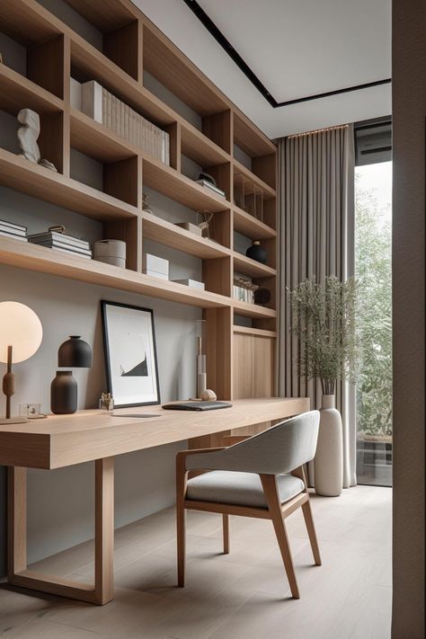 49 Stunning Japandi Home Office Inspirations: Blending Minimalism and Elegance in Your Workspace Japandi Home Office, Modern Home Offices, Japandi Home, Home Office Library, Small Home Offices, Japandi Interior, Small Studio Apartments, Kitchen Design Trends, Office Makeover