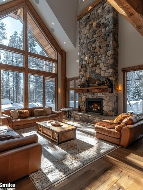 Window Wall With Fireplace, A Frame Family Room, Chalet Style Living Room, Modern Log Home Interiors, Mountain Homes Interiors, A Frame House Interior, Cabin Style Living Room, Lodge Style Home, Mountain Home Interiors