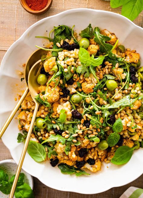 Warm Fregola Salad with Roasted Cauliflower Recipe - CucinaByElena Fregola Salad, Fregola Pasta, Pearl Pasta, Pasta With Cauliflower, Roasted Cauliflower Recipe, Cauliflower Pasta, Pasta Varieties, Steamed Asparagus, Warm Salad