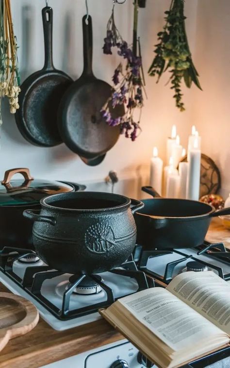 17 Witchy Kitchen Ideas for a Bewitching Cooking Space Witch's Kitchen Decor, Apothecary Decor Kitchen, Hanging Onions In Kitchen, Witch Themed Kitchen, Cozy Witchy Kitchen, Kitchen Witchy Decor, Green Witch Kitchen Decor, Apocathary Kitchen, Fairy Tale Kitchen