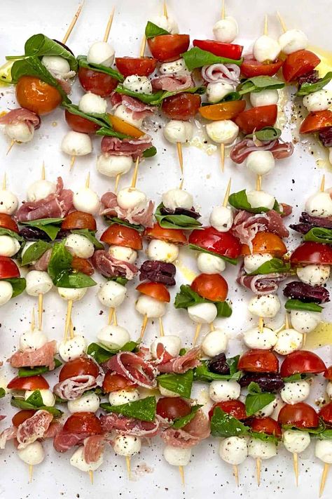 Hors Orderves, Fancy Croissant Sandwiches, Mini Antipasto Skewers, Caprese Skewers With Prosciutto, Picky Appetizers Parties Food, Medeteranian Party Food, Kabob Appetizers For Party, Sides For Skewers, Summer Lunch Party Food