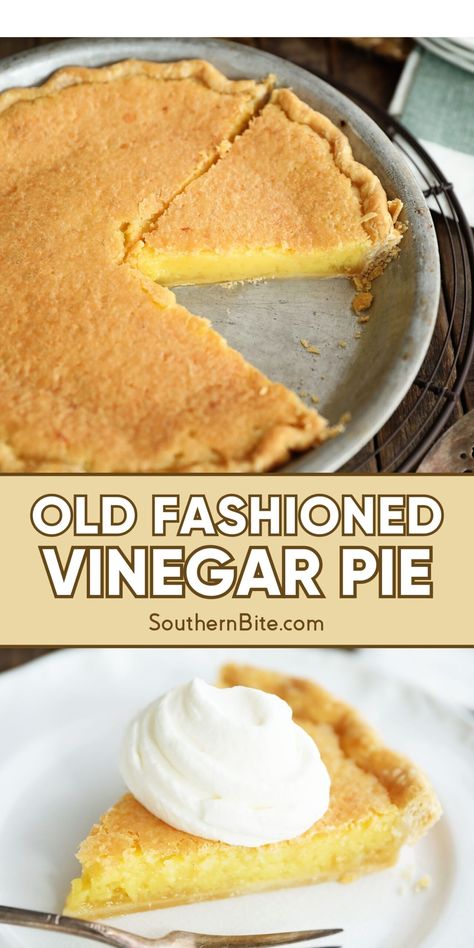 This Old Fashioned Vinegar Pie is a super easy vintage recipe that makes a silky, delicious chess style pie your family will love! Historical Food Recipes, Honey Vinegar Pie, Dr Pepper Pie, Old Fashion Pies, Old Fashion Desserts, Old Fashion Recipes, Pie Filling Recipes Easy, Water Pie Recipe, Walnut Pie Recipe