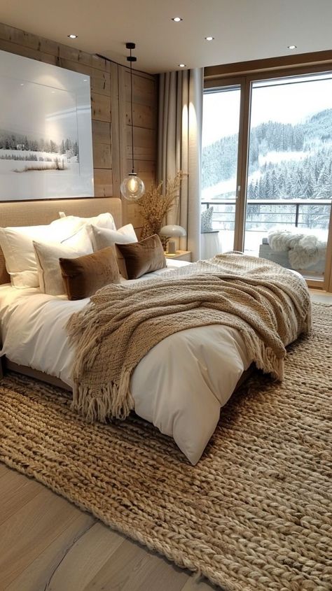 Cabin bedroom, brown velvet throw pillows unique rug, warm lighting, pendant light, white linen, black and white wall art snow outside, cozy, winter Soft And Cozy Bedroom, Mountain Chic Bedroom, Cabin Rooms Bedrooms, Modern But Cozy Bedroom, Cozy Bedframes, Cabin Vibes Bedroom, Bedroom Ashestic Cozy, Cozy Wooden Bedroom, Cosy Master Bedrooms Decor