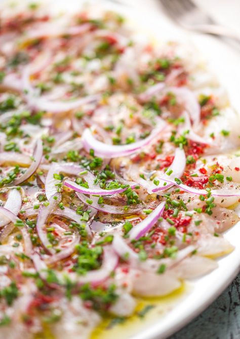 sea bass crudo - Italian style cured fresh fish better than ceviche or sashimi Carpaccio Recipe Fish, Sea Bass Carpaccio, Sea Bass Crudo, Sea Bass Meals, Sushi Recipes No Rice, Cured Fish Recipe, Fish Carpaccio Recipes, Seabass Ceviche Recipe, Italian Ceviche