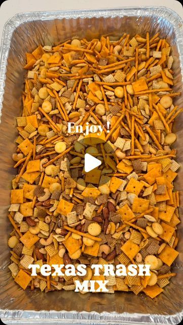 Samantha Mullino on Instagram: "Texas Trash Mix Recipe with all the measurements! Let me know if you want me to do more recipes like this 🫶🏼🥰 #recipes #easyrecipes #snacks #4thofjulyfood #recipe" Cheeto Snack Mix Recipes, Trash Can Mix Snack, Spicy Chex Mix Recipes Texas Trash, Chex Mix Trash Recipe, Cowboy Crackers, Trash Snack Mix Recipe, Texas Trash Chex Mix Recipes, Chex Mix Recipes Savory, Snack Mix Recipes Savory