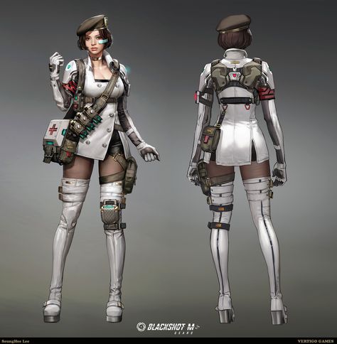 ArtStation - Medic in mobile FPS 'BLACKSHOT M', seunghee lee Medic Pose Reference, Cyberpunk Nurse, Medic Concept Art, Medic Character, Apocalypse Character, Sci Fi Character Design, Nurse Tattoo, Tech Girl, Combat Medic