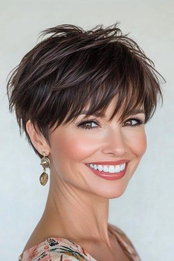 Save this pin for the best pixie hairstyles with bangs. Thanks to its choppy layers and piecey bangs, this playful style is filled with personality. It's a great choice for fine to medium hair since layers add volume and depth. Women's Pixie Haircuts, Short Wavy Hair Styles Easy, Pixie Hairstyles Back View, Pixie Shag With Bangs, Short Hair Short Neck, Piecy Pixie Haircut, Pixie Long In Front Short In Back, Short Hairstyles For Women Over 60 Easy, Choppy Short Hairstyles