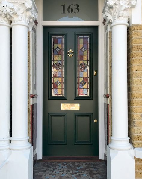 Stunning green Victorian door designed and hand-made with coloured stained glass panels, opaque fanlight with inlaid door number, and classic brass door furniture. Green Stained Glass Door, Victorian Front Door Ideas, Stained Glass Front Door Victorian, Fanlight Number, Victorian Doors Front Entrance, Victorian Stained Glass Door, Door Colour Ideas, Stained Glass Front Door, Victorian Front Door