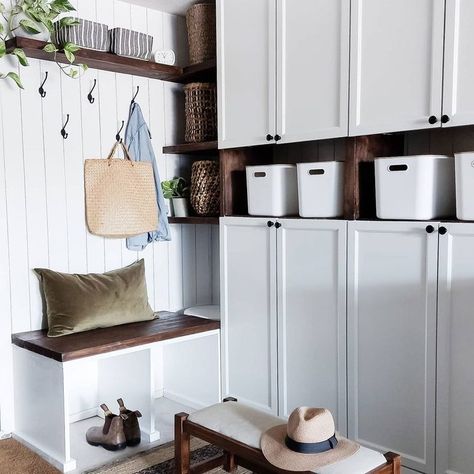 IKEA Billy Bookcase Hacks That'll Inspire You to Think Outside the Box Billy Hack, Garage Mudroom, Mudroom Cabinets, Billy Bookcase Hack, Ikea Billy Bookcase Hack, Ikea Bookcase, Ikea Kitchen Island, Ikea Desk, Ikea Billy Bookcase