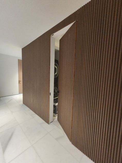 WALL PANEL + INVISIBLE DOORS Hidden Door In Office, Hidden Door Wallpaper, Flush Hidden Door, Wood Slat Wall Hidden Door Diy, Invisible Doors Ideas Bedroom, Hidden Door Detail, Invisible Doors Interior, Sweden Street, Hidden Doors In Walls