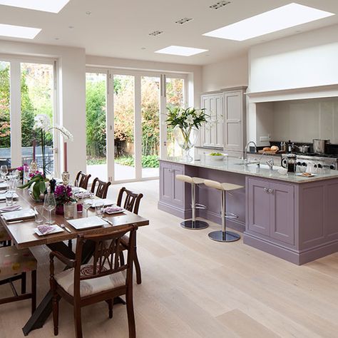 Spacious grey and purple kitchen-diner with oak wood floor | kithen decorating | Ideal Home #decoratewithpurple #decoratewithpurpleaccents #purpledecor #purplerooms #purplekitchen Oak Wood Floors Kitchen, Grey Kitchen Diner, Wood Floor Kitchen, Purple Kitchen, Oak Wood Floors, Diy Kitchen Decor, Best Kitchen Designs, Spacious Kitchens, Grey Kitchens