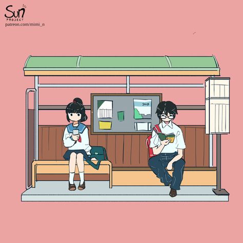 Anime Bus Stop, Japan Bus Stop, Bus Stop Illustration, Bus Stop Drawing, Two Suns, Bloxburg Houses, Tumblr Drawings, Sun Projects, Arte Grunge