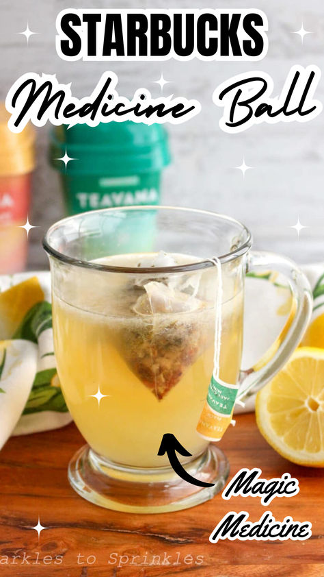 This copycat Starbucks Medicine Ball recipe is a must during cold and flu season as it combines lemonade, peach tranquility tea, Jade citrus mint, a little bit of honey, and peppermint extract to create the perfect drink to help fight off the cold and flu. The best news is it’s so easy to make and you can always have everything right on hand to make it. This is also called Starbucks Honey Citrus Mint Tea now that it has been added to their regular menu. Starbucks Honey Citrus Mint Tea Recipe, Homemade Starbucks Medicine Ball, Diy Medicine Ball Tea, How To Make A Medicine Ball Starbucks, How To Make Medicine Ball Tea, Medicine Ball Drink Starbucks, Copycat Medicine Ball Tea, Diy Starbucks Medicine Ball Tea, Medicine Ball Drink