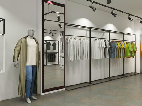 clothing display rack, clothing display stand, black clothing display rack Men Clothing Store Design Ideas, Men's Clothing Store Design, Clothing Store Interior Design, Fashion Shop Interior, Hardware Display, Clothing Display Rack, Wall Hanging Rack, Shoe Store Design, Clothing Display