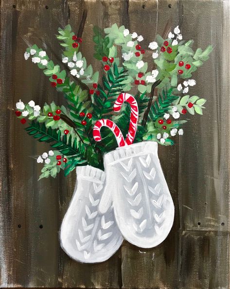 Small Christmas Acrylic Paintings, Christmas Flower Painting Acrylic, Christmas Wreath Painting On Canvas, Christmas Diy Painting Ideas, Christmas Painting Step By Step, Easy Diy Christmas Paintings, Winter Paint Night Ideas, Acrylic Christmas Paintings On Canvas, Holiday Painting Ideas Easy