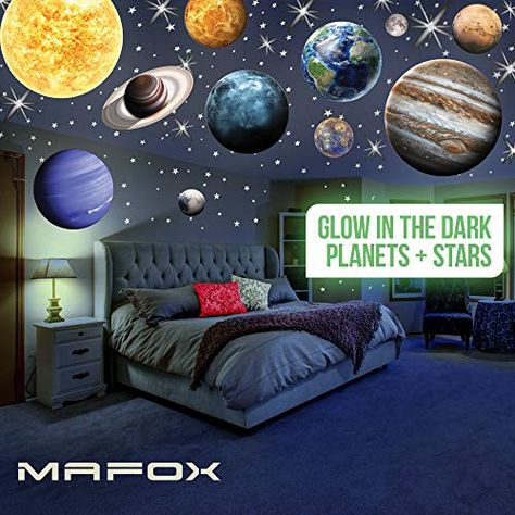 MAFOX Glow in The Dark Planets, Bright Solar System Wall Stickers -Sun Earth Mars and so on,9 Glowing Ceiling Decals ... Ceiling Decals, Solar System Room, Dark Room Decor, Galaxy Bedroom, Galaxy Room, Baby Wall Stickers, Galaxy Decor, Dark Planet, Brick Patterns Patio