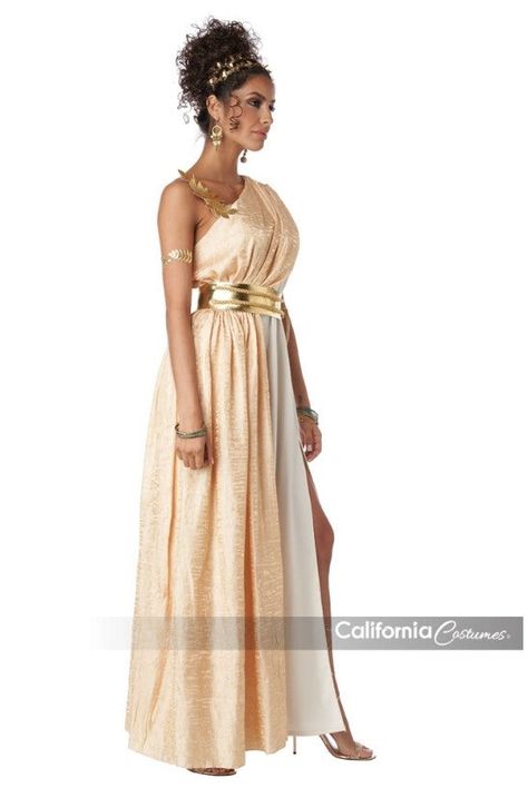 This deluxe Golden Goddess adult costume includes a dress in cream and gold trim for a charming and regal look. Make a grand entrance this Halloween with this lovely Roman Greek Goddess costume. This Golden Goddess women's toga includes a cream colored dress with one shoulder side decorated with gold fabric leaves, a gold fabric shoulder drape, a belt piece, a waist tie and a headband. Also perfect for cosplay, theatrical productions, religious celebrations, toga parties and more. Other Roman, G Greek Outfit, Decades Costumes, Army Costume, Toga Costume, Gold Goddess, Toga Party, Roman Costume, Gothic Costume, Greek Goddess Costume