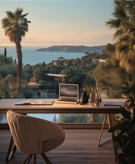 Home Office Ocean View, Villa On The Beach, Home Office With View, Office With View, South Of France Home, House Ocean View, Home Vision Board, Beach Home Office, Window Seat Ideas