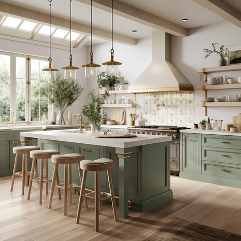 Green Kitchen Inspiration, Green Kitchen Island, Moms Kitchen, Mom Kitchen, Green Kitchen Cabinets, Casa Country, Dream Kitchens Design, Farmhouse Kitchen Design, Coastal Kitchen