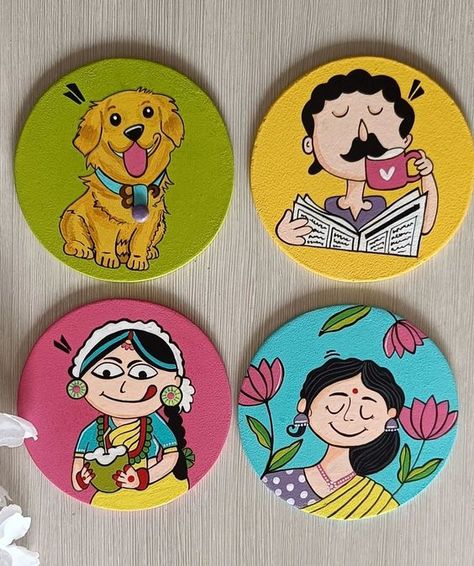 Quirky colorful coasters ! #handpainted #coasters #teacoasters #colorful #quirk #handmadecoasters #handmadeart #homedecor #homedecorindia #handmadewithlove #tohfafactory Handpainted Coasters Ideas, Circular Canvas Painting, Coaster Painting, Handpainted Coasters, Colorful Coasters, Diy Embroidery Art, Hand Painted Coasters, Circular Canvas, Mdf Painting