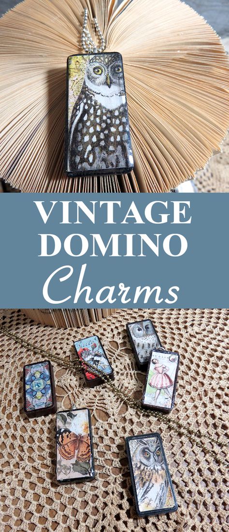 Check out these gorgeous Vintage Domino Charms by Lynne Morgado, of Mockingbird and Main, for The Graphics Fairy Mixed Media Design Team. See how you make a mixed media pendant from dominoes. Domino Crafts, Diy Old Books, Domino Jewelry, Domino Pendant, Butterfly Kit, Diy Techniques And Supplies, Domino Art, Used Tea Bags, Old Book Crafts