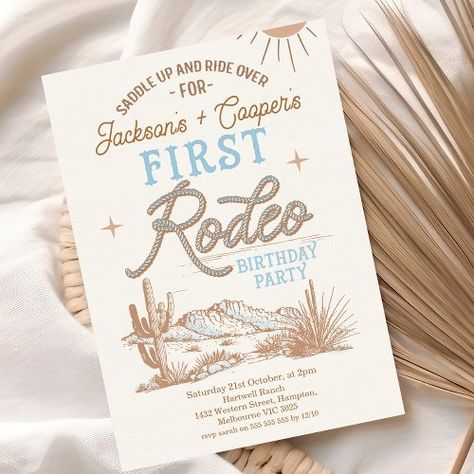 $1.98 | Blue Vintage Twin Boys First Rodeo 1st Birthday - zgroupon, twin boy's first rodeo invitation, twins western first birthday party, western 1st birthday, my first rodeo birthday invitation, blue wild west, twin boys first rodeo invitation, blue cowboys wild west, twins wild west themed, wild west desert Boy One Year Birthday Theme, 1st Rodeo Birthday Party Boy, Rodeo First Birthday Party, My First Rodeo Birthday Boy, First Rodeo Birthday Boy, First Birthday Themes For Boys, First Rodeo Party, Rodeo 1st Birthday, First Rodeo Birthday Party