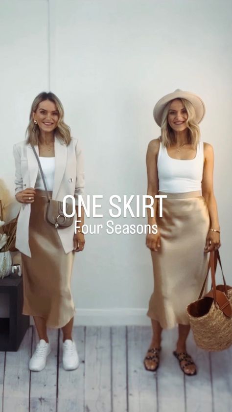 Sneza Jovanovic-Styling Reels Fashion Blogger’s Instagram profile post: “One Skirt for Four Seasons! 🤎 With its beautiful metallic shine, this gorgeous satin skirt can be a key piece in creating an elevated…” Tan Skirt Outfit Spring, Spring Silk Skirt Outfit, Gold Satin Skirt Outfit Winter, Satin Skirt With Button Down Shirt, Gold Satin Midi Skirt Outfit, Beige Slip Skirt Outfit, Tops For Satin Skirt, Silk Skirt Beach Outfit, Satin Champagne Skirt Outfit