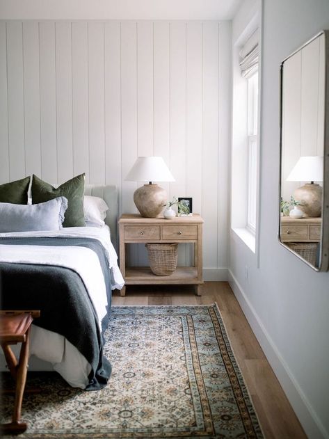 neutral earthy bedroom with vertical shiplap accent wall and vintage rug. Kaufmann House, Light And Dwell, European Farmhouse, White Paint Colors, Farmhouse Style House, Main Bedroom, Large Bedroom, Cheap Decor, Bed Room