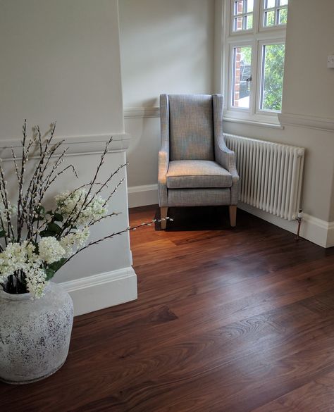 The main trait of this project was care and attention to details. Our client after a thorough analysis between materials and colours decided for a dark wooden floor and our recommendation was walnut.  #FinWood #CraftedForLife #10YearsWarranty #WoodFloors  #WoodFlooring  #HardwoodFlooring  #LondonInteriors  #LondonHome  #FlooringInspiration  #DarkFloors  #WoodFloorInstallation  #DarkWoodFloors  #LondonFloors  #LondonFlooring  #FloorDetail  #WoodFloorsLondon  #FloorTransitions Dark Brown Wooden Floor Bedroom, Wooden Floor In Bedroom, Best Wooden Floor Colour, Dark Wooden Floor Living Room Decor, Dark Wood Floor Hallway, Wooden Flooring Bedroom Modern, Wooden Bedroom Floor, Cherry Hardwood Floors Living Room, Wooden Tiles Flooring Bedroom