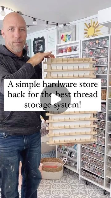 Missy Luukkonen on Instagram: "This is the easiest hardware store hack for storing your spools of thread!  Mike came up with this idea and it’s pretty brilliant.  I have 2 words for you…  Drawer slides.   That’s it!   Apply drawer slides to the back of those wooden thread spool holders that you can get @joann_stores for the perfect thread storage!   It’s easy to get to, but yet your thread rack is out of the way!   Save and share this post for later so you can do this too!!  #thread #sewing #sewingthread #joannfabrics #madewithjoann #craftroomorganization #craftroomstorage #storageandorganization #creativespace #quiltroom #sewingstudio" Sewing Thread Storage Ideas Diy, Pegboard Thread Storage, Thread Holder Ideas, Thread Spool Storage, Sewing Thread Storage Ideas, Thread Holder Diy, Thread And Bobbin Storage, Small Sewing Room Ideas, Diy Thread Holder