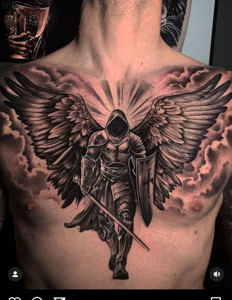 Tattoo On The Chest For Men, Men S Tattoo Chest, Angel Chest Tattoo Men, Chest Tattoo Men Ideas Unique, Angel Tattoo Back, Men’s Chest Tattoos, Chest Tattoo Man, Chest Tattoos Men, Warrior Angel Tattoo