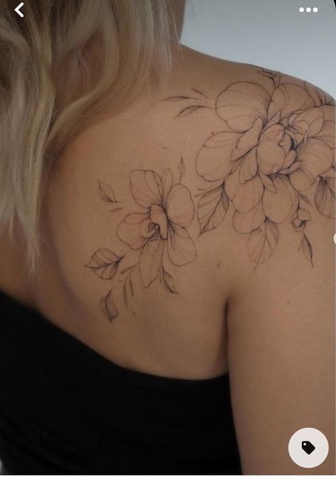 Lily Shoulder Tattoo, Shoulder Tattoo Ideas Female, Honeysuckle Tattoo, Feminine Shoulder Tattoos, Women's Shoulder Tattoo, Front Shoulder Tattoos, Shoulder Cap Tattoo, Floral Back Tattoos, Backpiece Tattoo