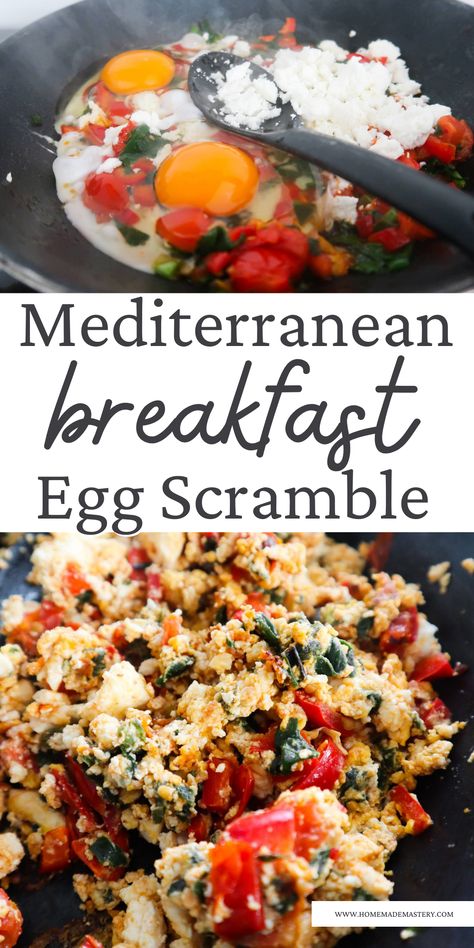 This simple Mediterranean breakfast scramble with eggs, vegetables and feta cheese is healthy, easy and delicious! It's the perfect breakfast recipe to start your day with if you love eggs and the Mediterranean diet. Breakfast Egg Scramble, Medditeranean Diet, Mediterranean Diet Recipes Breakfast, Mediterranean Diet Breakfast, Mediterranean Diet Food List, Mediterranean Recipes Healthy, Breakfast Scramble, Egg Scramble, Mediterranean Breakfast