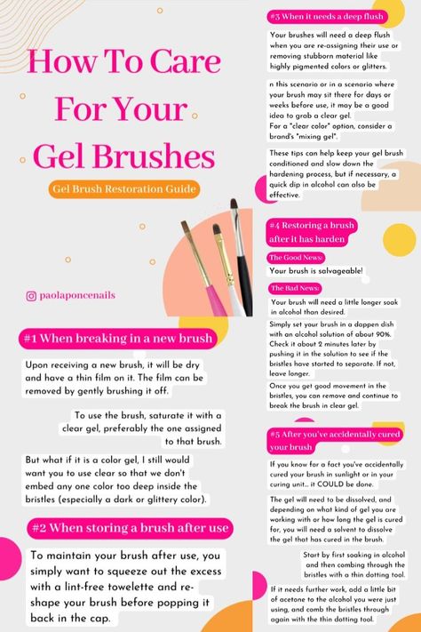 A comprehensive guide for maintaining your gel nail brushes How To Clean Gel Nail Brush, Nail Lesson, Nail Notes, Nail Tech School, Dappen Dishes, Esthetics Room, Nail Tutorial Videos, Nail Business, Builder Gel Nails