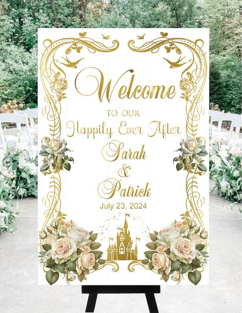 Personalized Fairy Tale White Rose Golden Cinderella Castle Wedding Welcome Sign #0706P Disney Wedding Sign, Fairy Tale Wedding Ideas, Cinderella Themed Wedding, Disney Wedding Ideas, Wedding Jokes, Cinderella Wedding Theme, Wedding Motif, Wedding Illustrations, Ceremony Outdoor