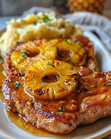 This is my hubby's kryptonite; he just can't resist asking for more Hawaiian Pork Chops Baked, Butterfly Pork Chops Recipe, Good Sides For Pork Chops, Pork Chop Recipes With Pineapple, Pineapple Pork Chops Baked, Applebutter Porkchops, Port Chops Recipes Easy Dinners, Pork Escalope Recipes, Pineapple Teriyaki Pork Chops