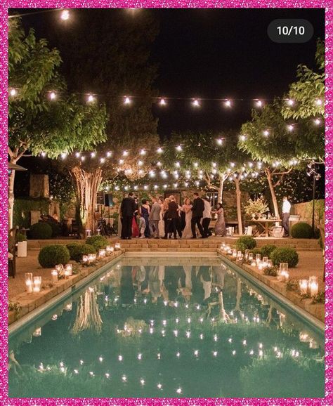 Pool Wedding Reception, Elegant Engagement Party Ideas, Poolside Wedding Reception, Backyard Wedding Pool, Pool Wedding Decorations, Candlelit Wedding Reception, Trees At Night, Engagement Party Ideas, Backyard Engagement Parties