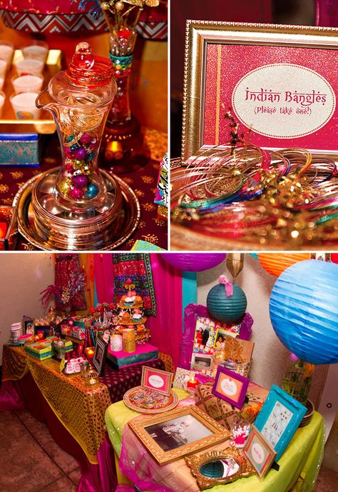 bollywood birthday indian bangles station and decorations Indian Party Themes, Indian Birthday Parties, Arabian Party, Bollywood Theme Party, India Party, Arabian Nights Party, Moroccan Party, Dessert Table Backdrop, Mehndi Party