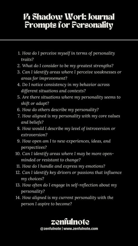 Reflecting on your personality can enhance self-awareness and contribute to personal growth. Regularly revisiting these questions can help you gain deeper insights into your personality and contribute to a more nuanced understanding of yourself. It's important to approach self-reflection with curiosity, openness, and a willingness to embrace your authentic self. Letter To My Sister, Work Journal Prompts, Shadow Work Journal Prompts, Mindfulness Journal Prompts, Shadow Work Journal, Coaching Questions, Healing Journaling, Work Journal, Deep Thinking