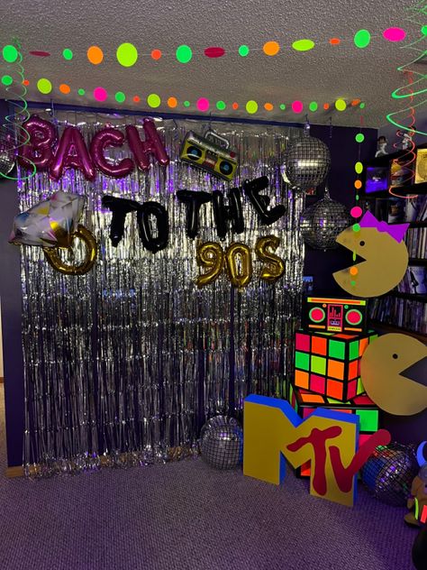 90s Party Ideas Decoration Photo Booths, Grown Ups 2 80s Party, Retro Theme Decoration Ideas, 90s Theme Backdrop, 90s Homecoming Theme, Nineties Party Decorations, 90s Birthday Party Decorations, 90 Party Ideas, 90s Birthday Decorations