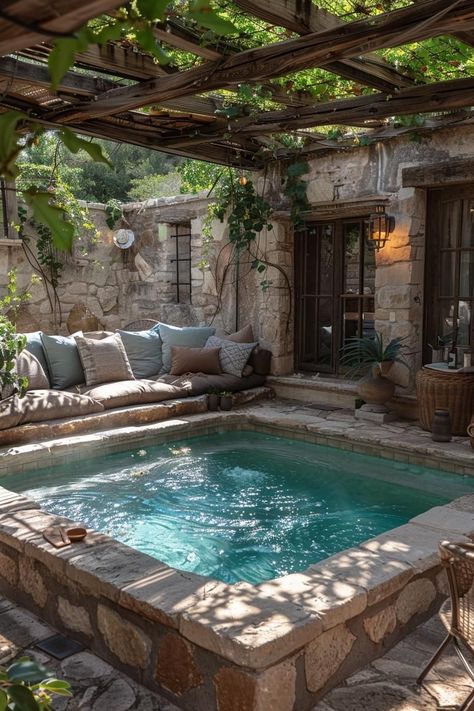 Plunge Pools Backyard, Cool Tiny House Ideas, Little Yard Ideas, Plunge Pool With Deck, Small Pool In Garden, Tiny Garden House Ideas, Dream Yard Backyards, Plunge Pool Hot Tub Combo, Furniture Around Pool