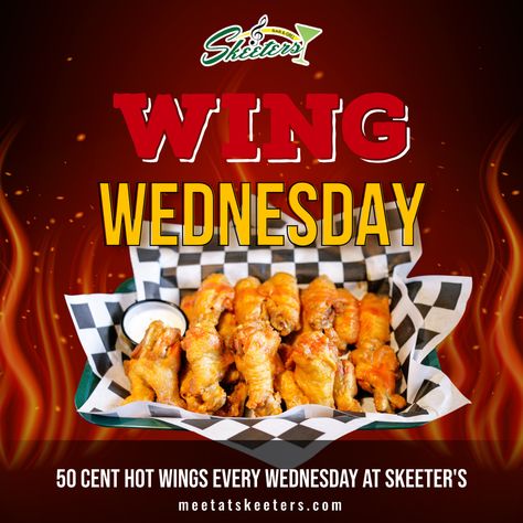 It's WING WEDNESDAY at Skeeter's BarandGrill! Enjoy our $0.50 signature wings when we open at 3 pm! #MeetAtSkeeters #WingWednesday Wing Wednesday, Hot Wings, Bar Grill, Chicken Wings, Grilling, Chicken